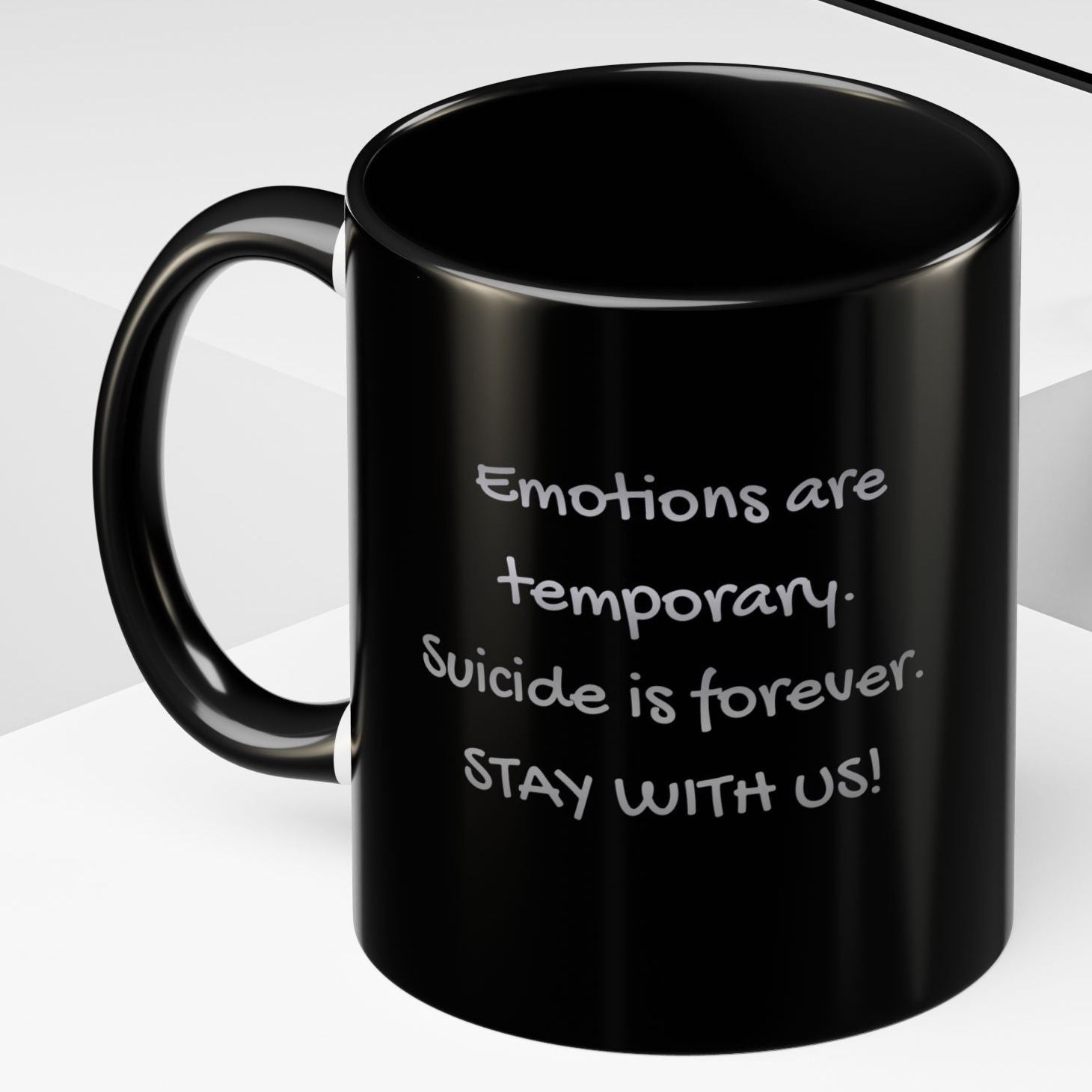 Black mug with a suicide prevention quote on a white background