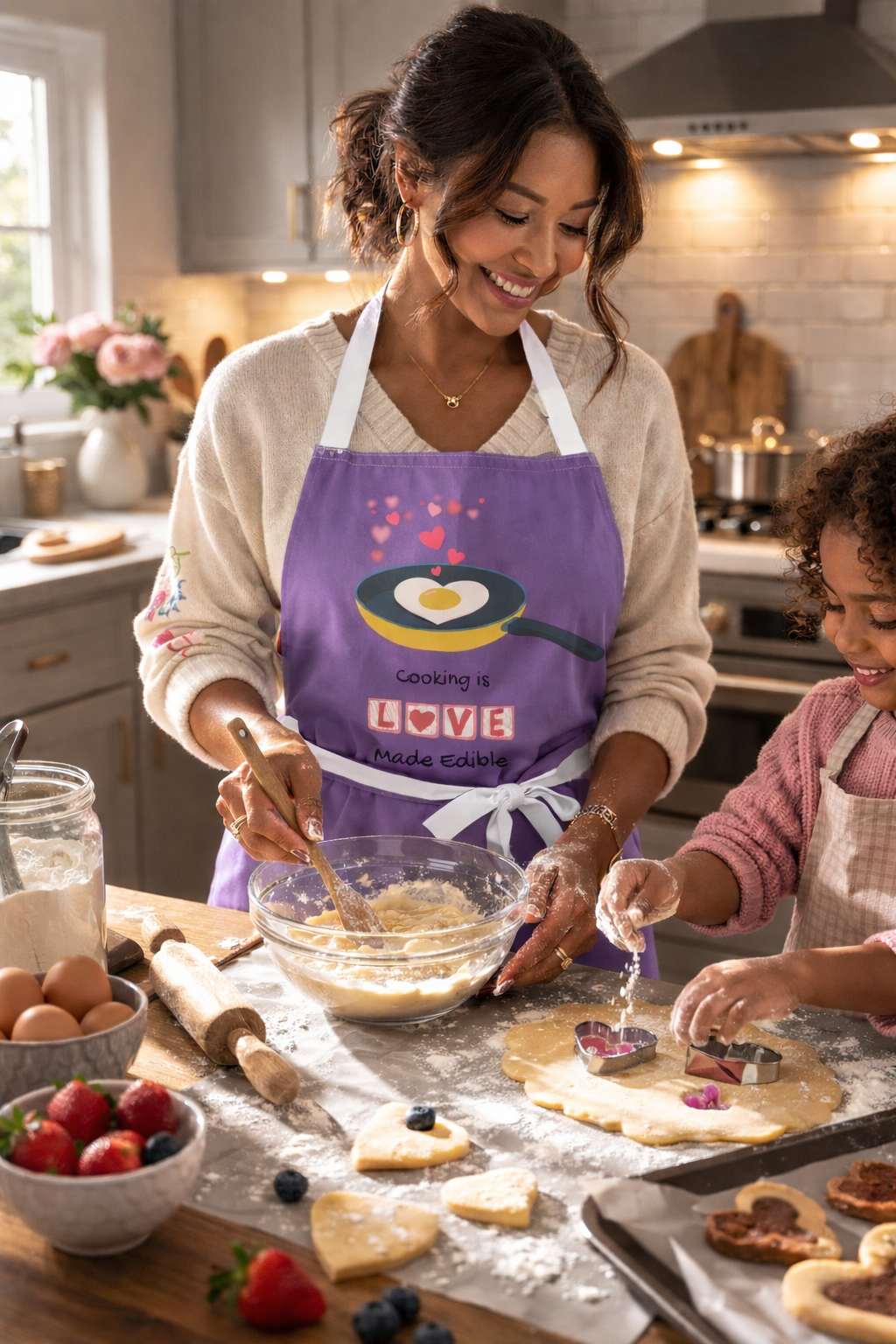 Woman and child in a kitchen making cookies, both wearing aprons.