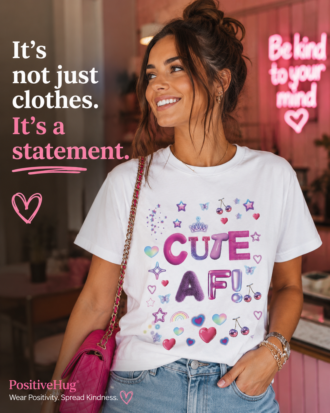 "Cute AF!" Kawaii Heart & Stars Graphic T-Shirt | PositiveHug