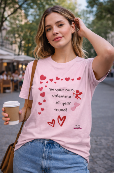 Woman wearing a pink t-shirt with Valentine's Day design, holding a coffee cup outdoors.