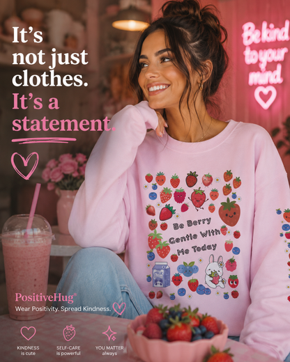 Crewneck Sweatshirt — "Be Berry Gentle With Me Today" Cute Strawberry & Berry Graphic | PositiveHug